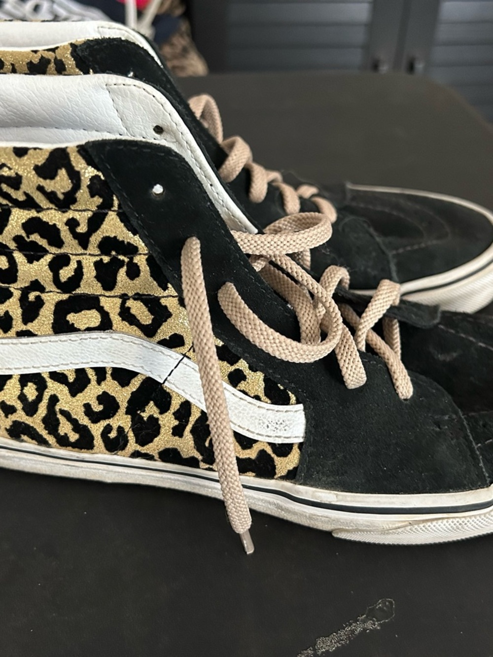 Vans High-Top Sneakers in Black, Gold Leopard & Tan Laces